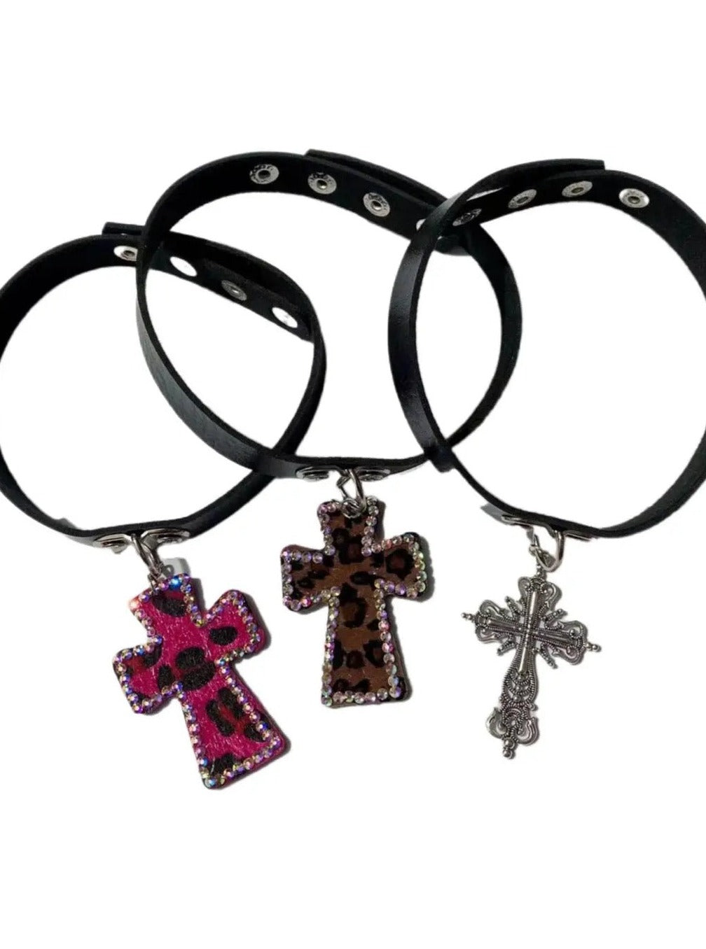 'Rebel Leopard' Print Rhinestone Cross Choker