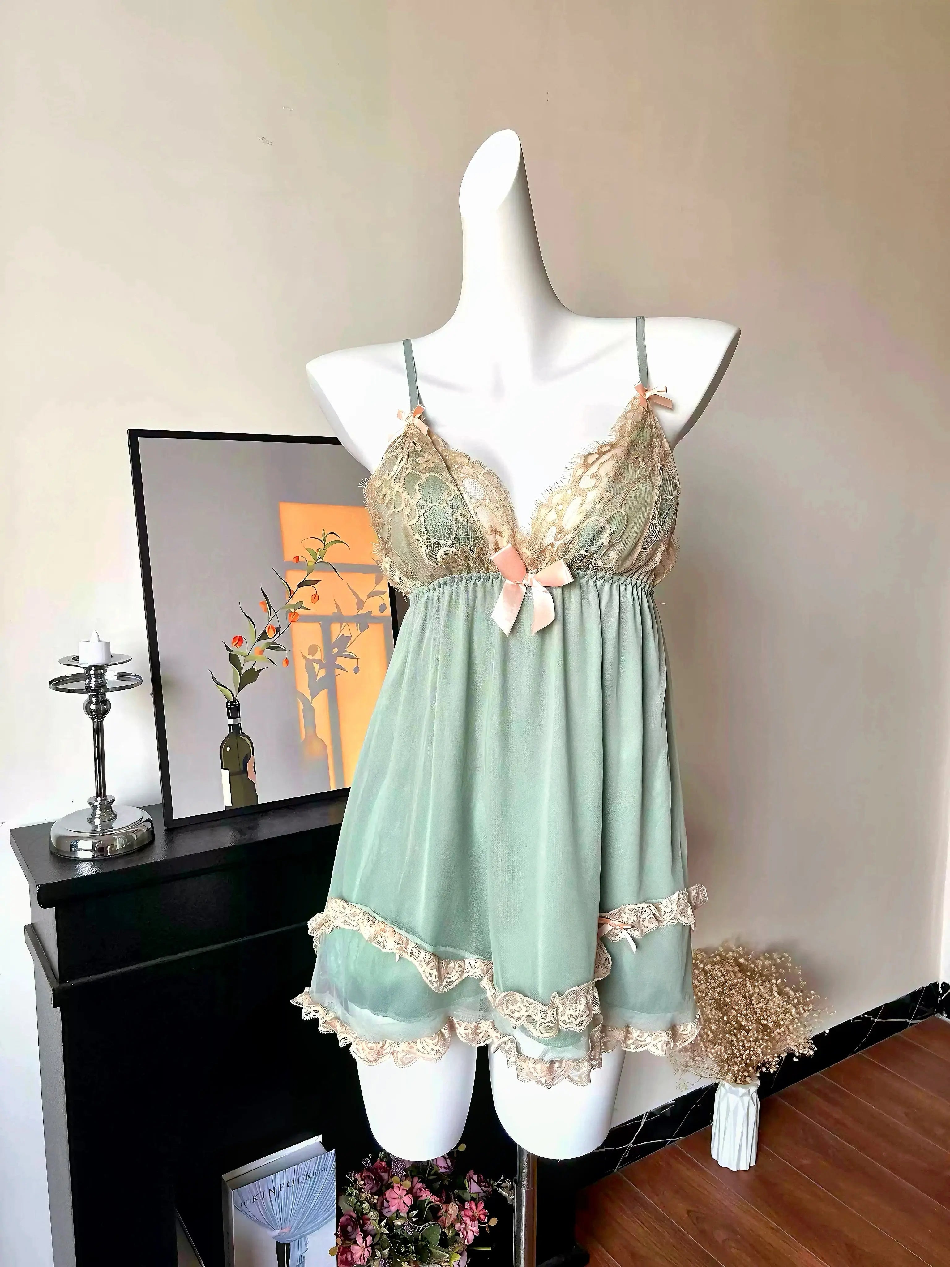 'Lily' Coquette Green Mesh Ribbon Backless Night Gown