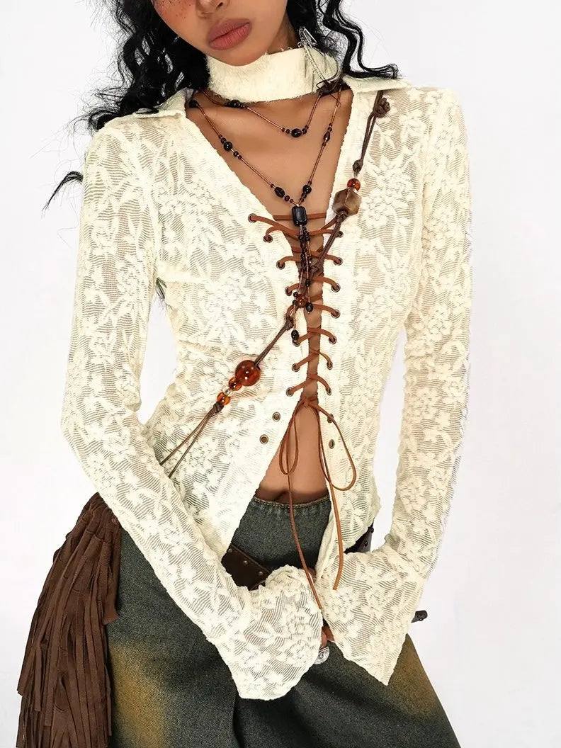 'Luna' White Lace Lace Up See Through Shirts