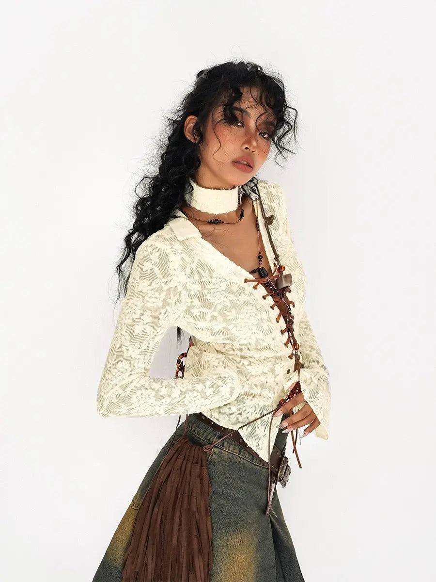 'Luna' White Lace Lace Up See Through Shirts