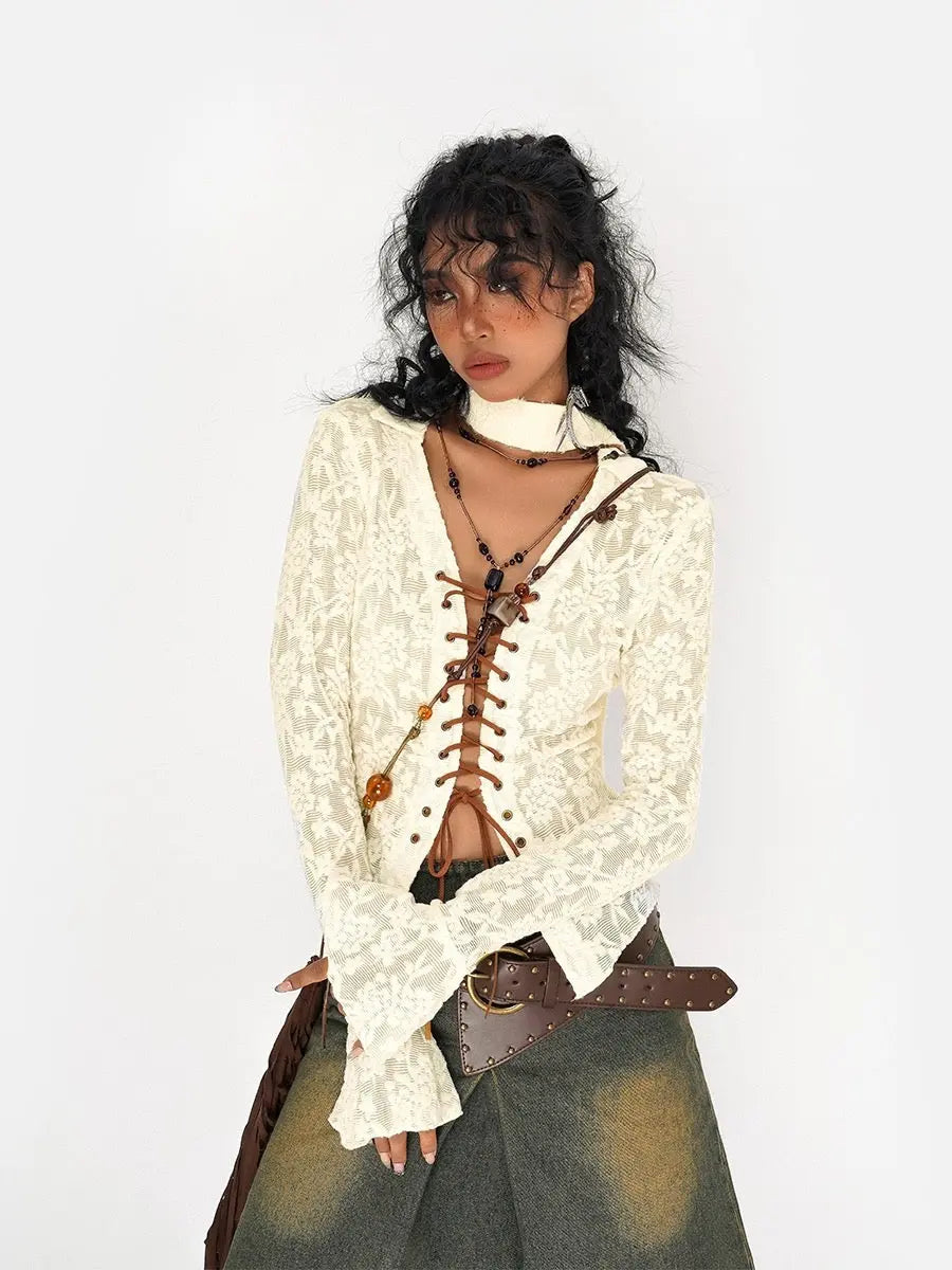 'Luna' White Lace Lace Up See Through Shirts