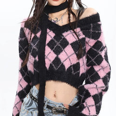 'Macaroon' Lozenge Black & Pink Color Contrast Sweater