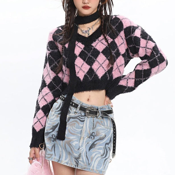 'Macaroon' Lozenge Black & Pink Color Contrast Sweater