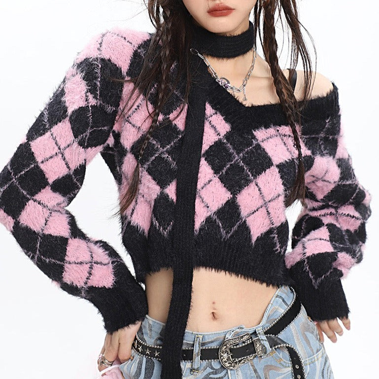 'Macaroon' Lozenge Black & Pink Color Contrast Sweater