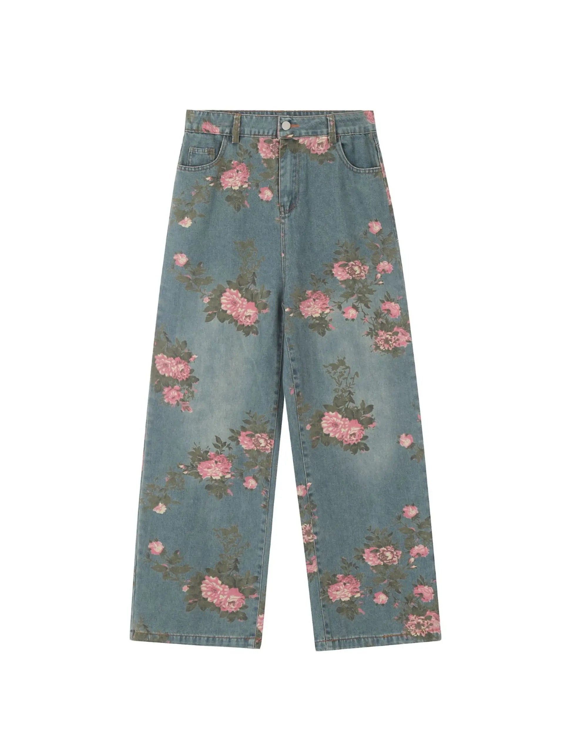 'Marigold' Graffiti Embroidery Oversized High Waisted Denim Pants