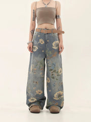 'Marigold' Graffiti Embroidery Oversized High Waisted Denim Pants