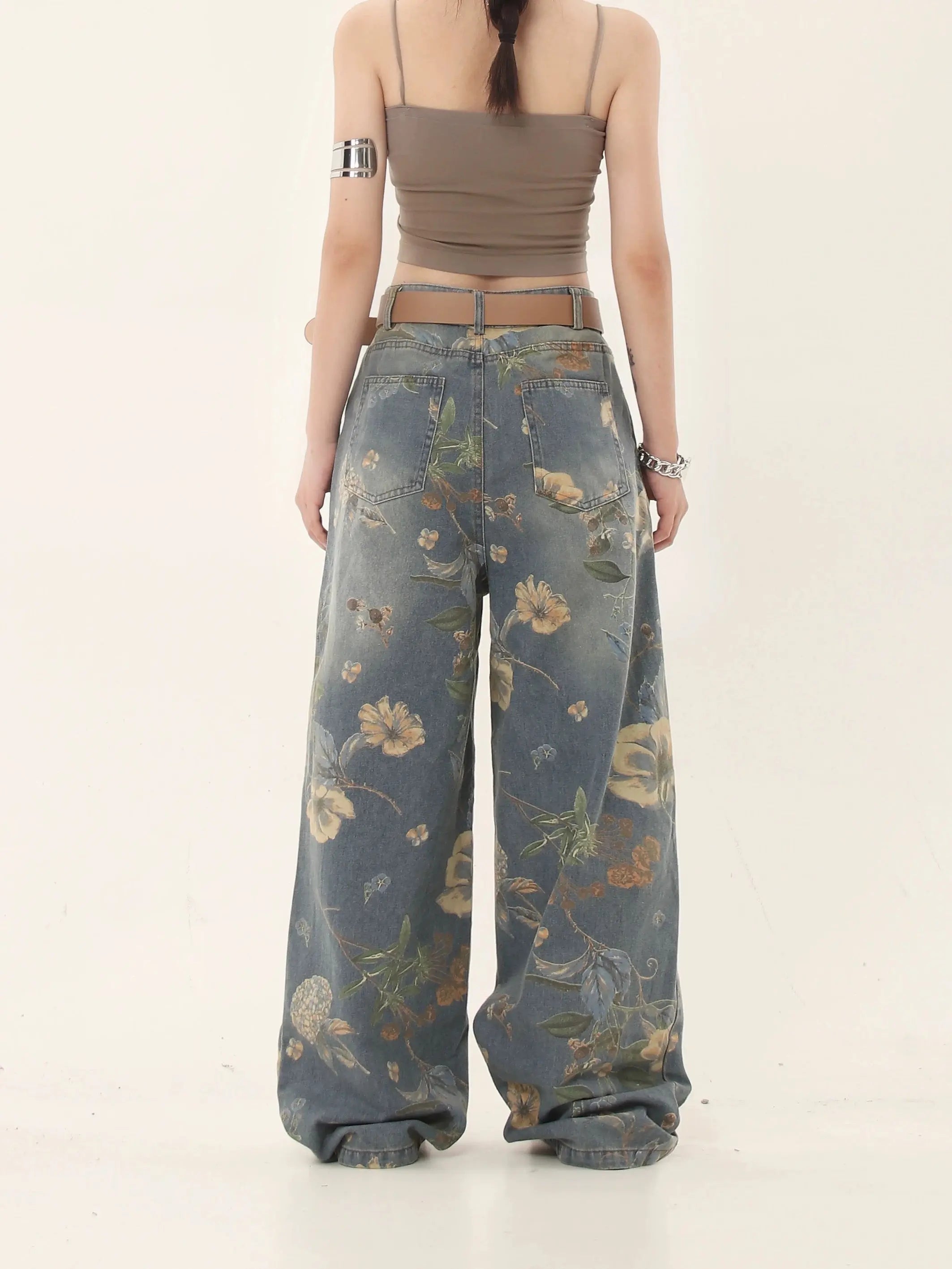 'Marigold' Graffiti Embroidery Oversized High Waisted Denim Pants