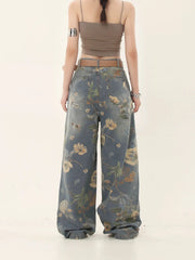 'Marigold' Graffiti Embroidery Oversized High Waisted Denim Pants