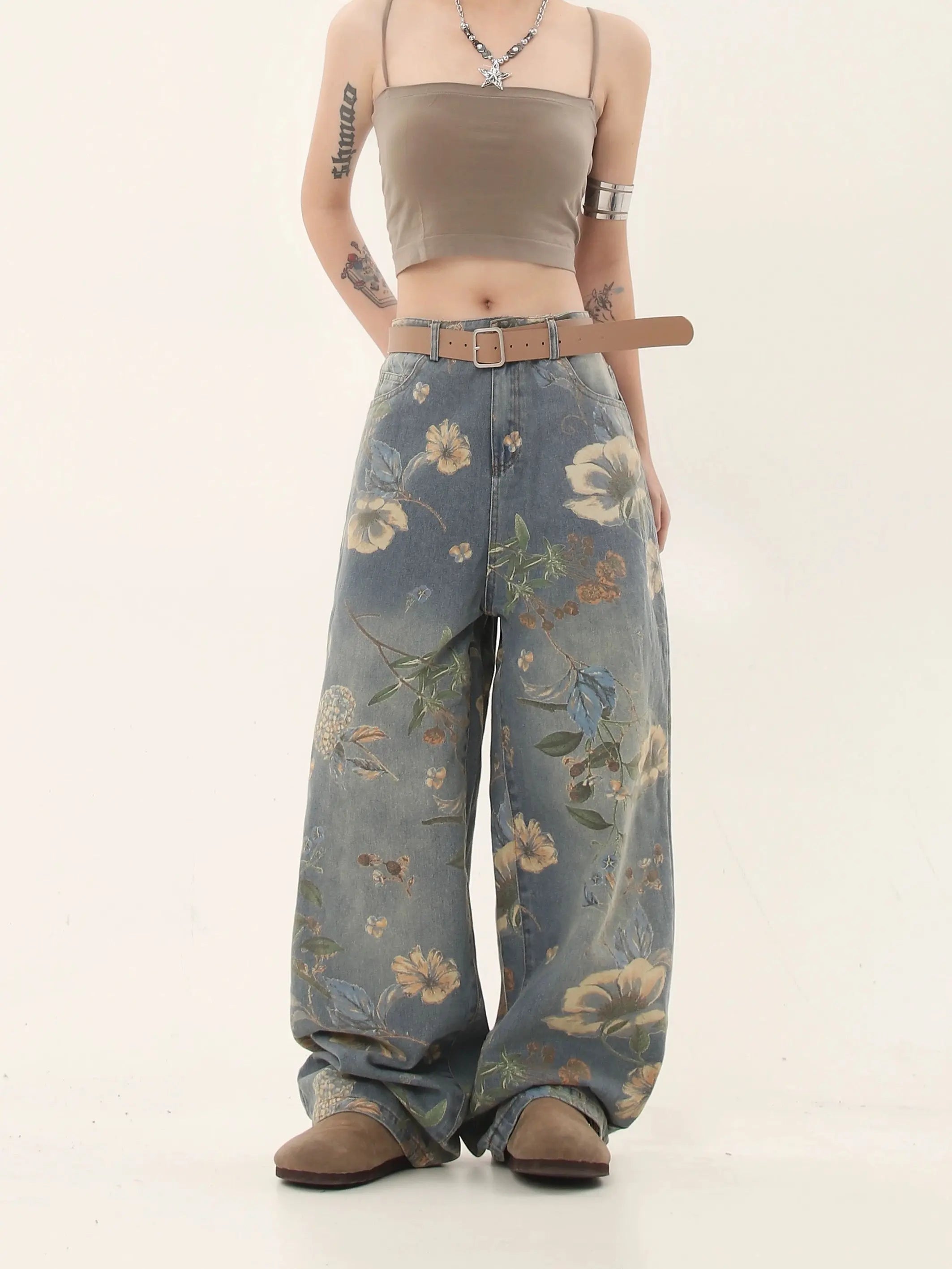 'Marigold' Graffiti Embroidery Oversized High Waisted Denim Pants