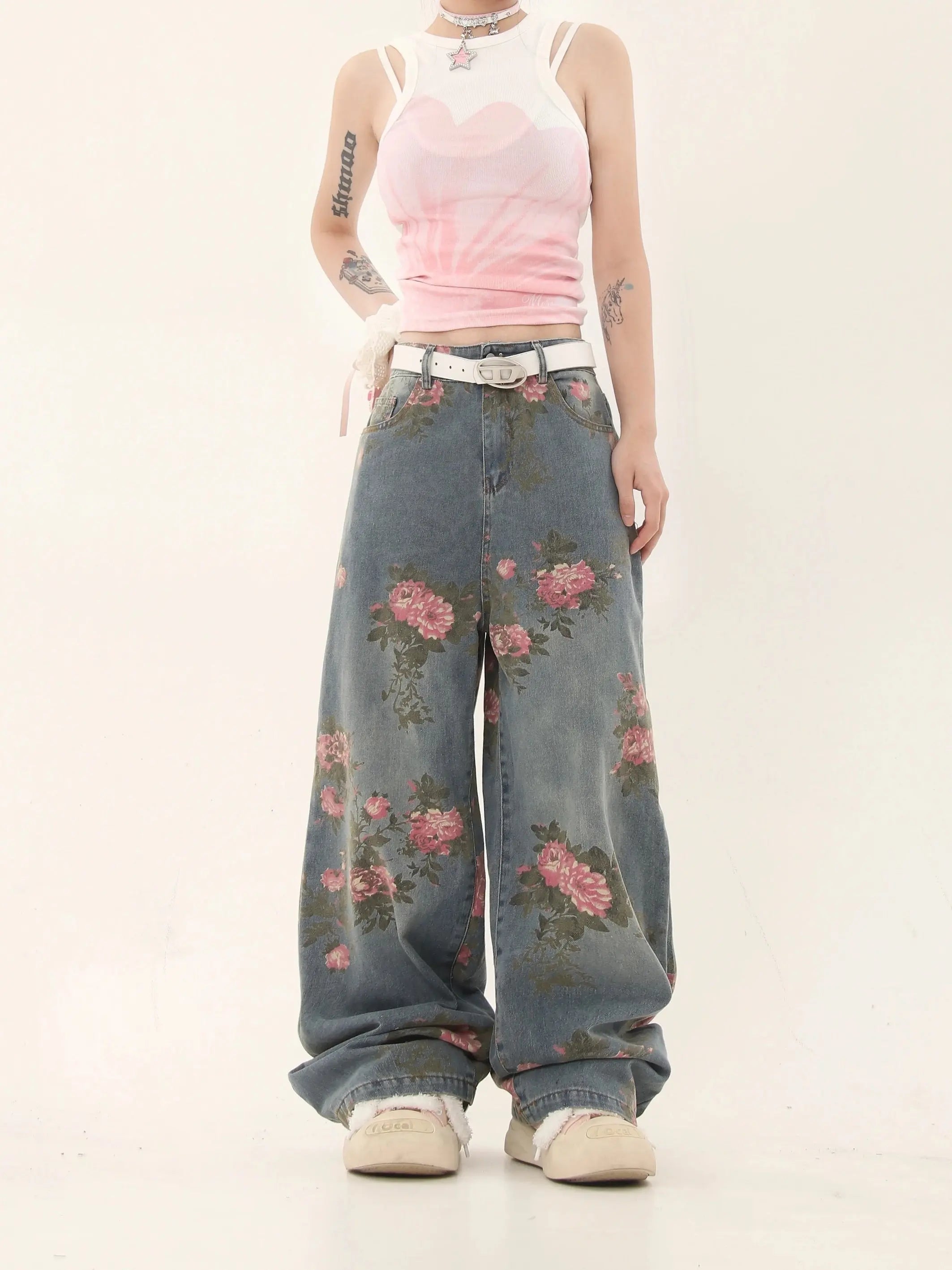 'Marigold' Graffiti Embroidery Oversized High Waisted Denim Pants