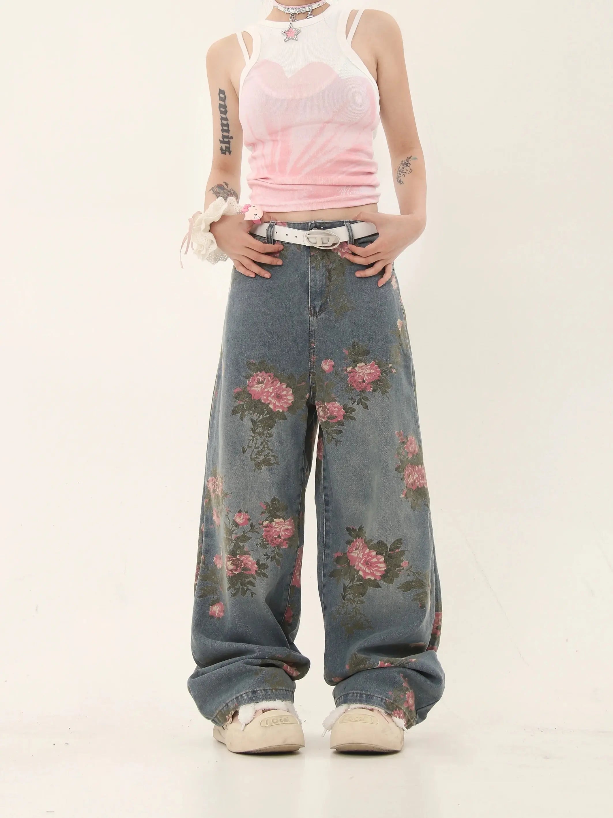 'Marigold' Graffiti Embroidery Oversized High Waisted Denim Pants