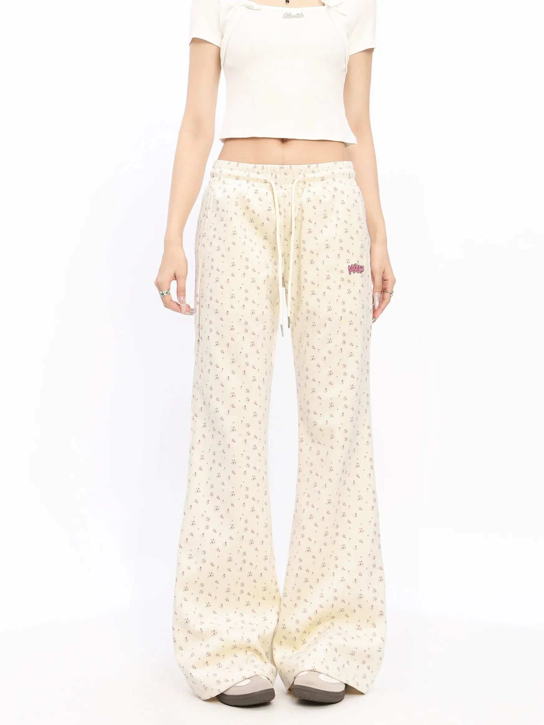 'Melting' Floral Print Drawstring Embroidery Pants