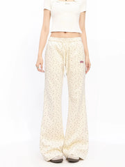 'Melting' Floral Print Drawstring Embroidery Pants