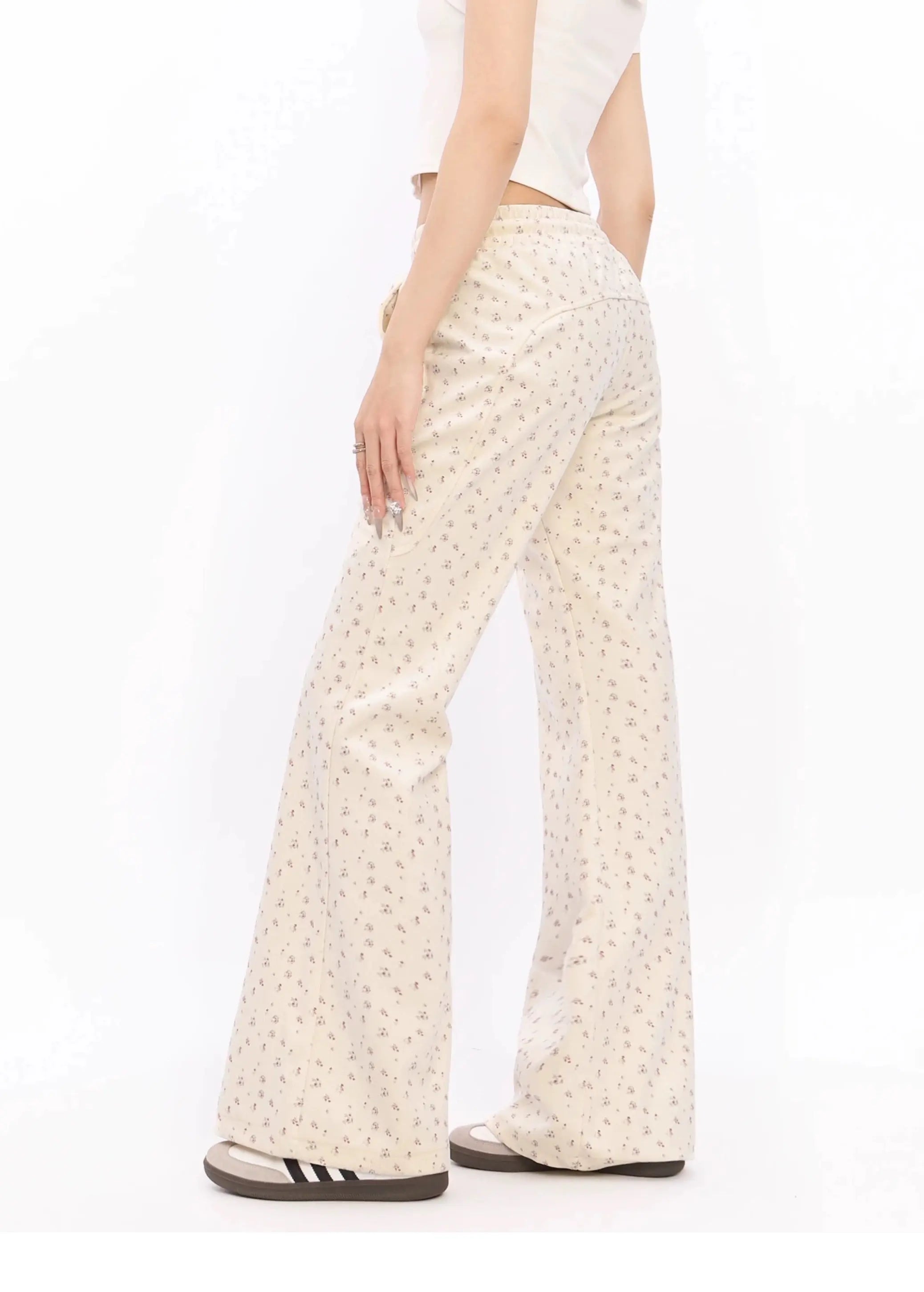 'Melting' Floral Print Drawstring Embroidery Pants