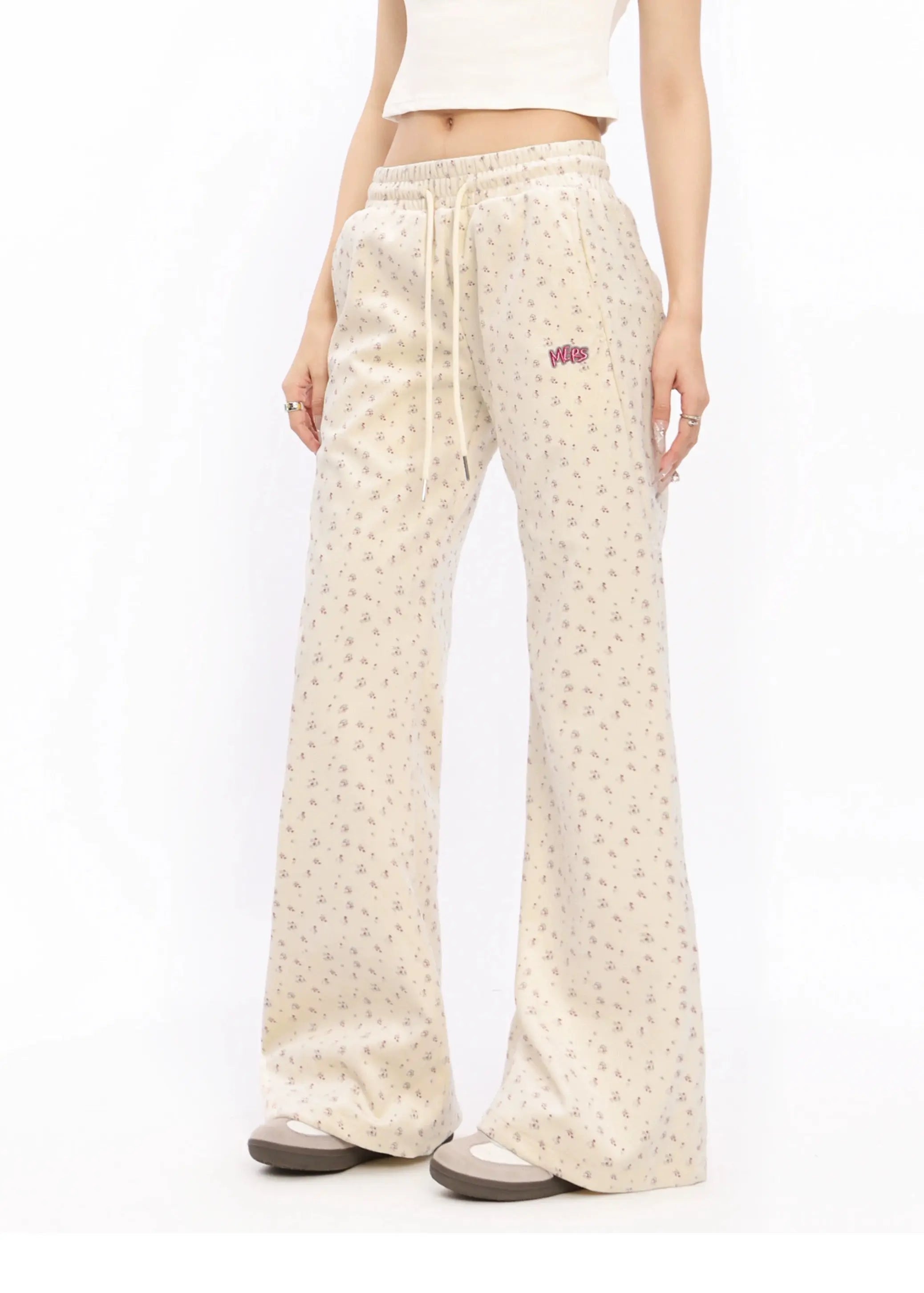 'Melting' Floral Print Drawstring Embroidery Pants