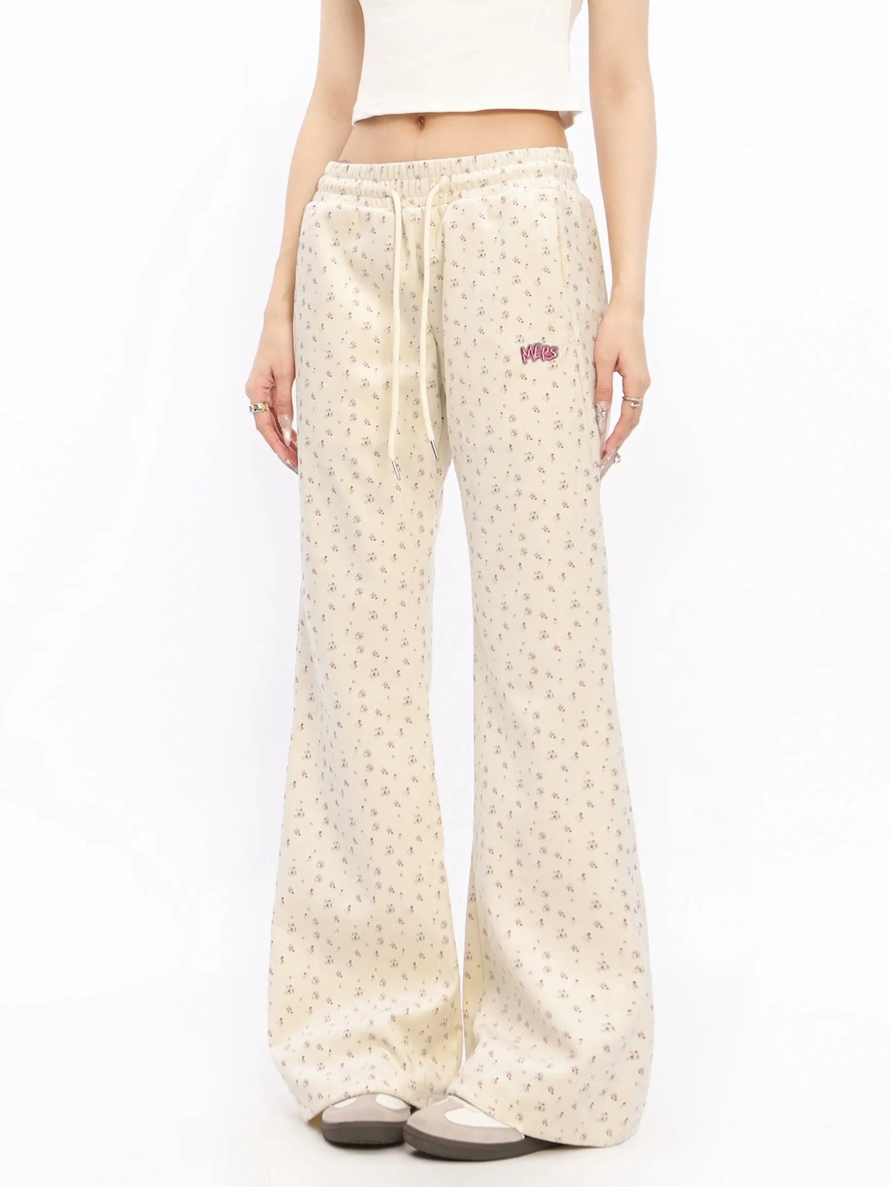 'Melting' Floral Print Drawstring Embroidery Pants