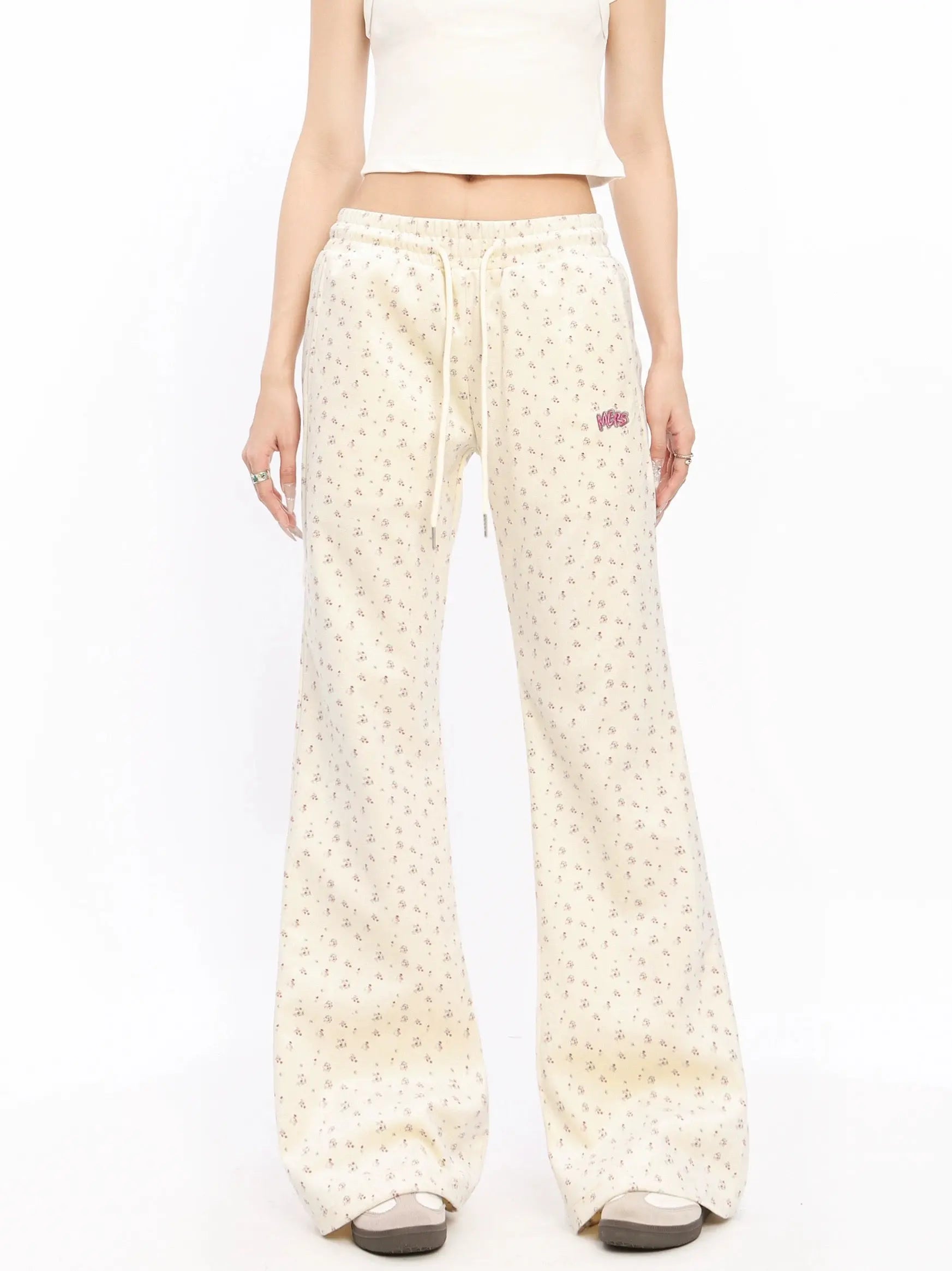 'Melting' Floral Print Drawstring Embroidery Pants