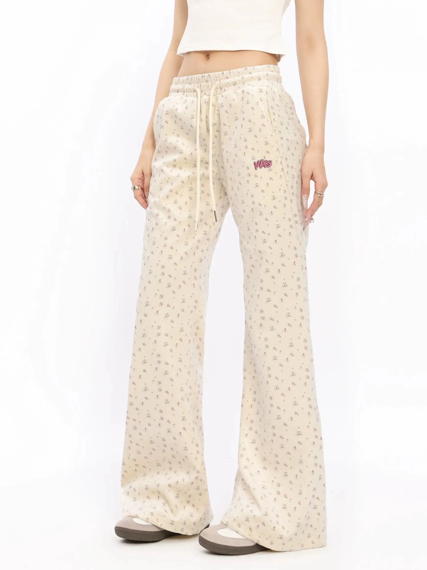 'Melting' Floral Print Drawstring Embroidery Pants