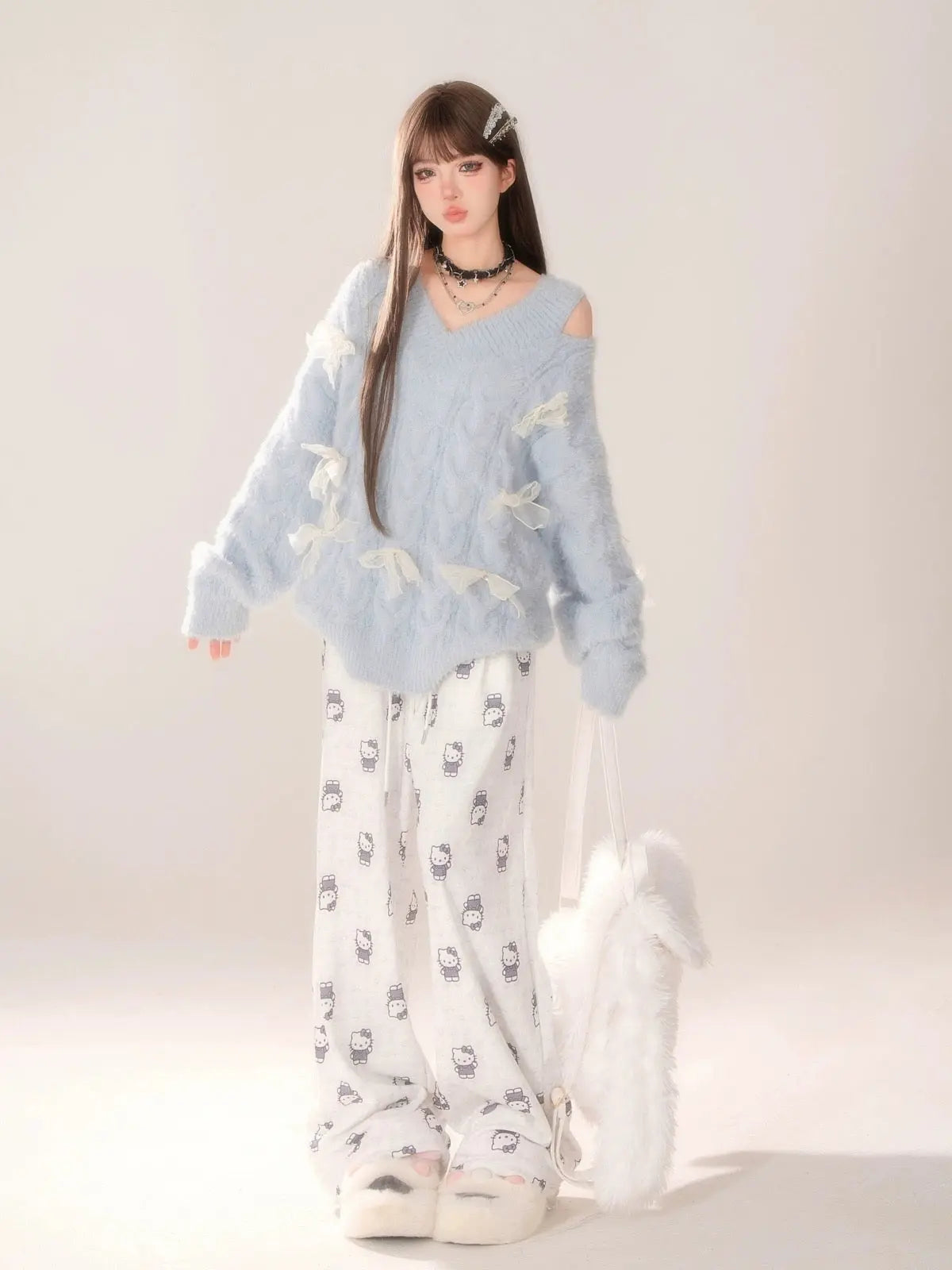 'Meowning'  Kitten Pattern Prints Drawstring Oversized Pants