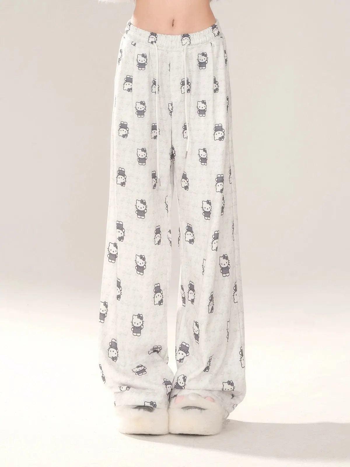 'Meowning'  Kitten Pattern Prints Drawstring Oversized Pants