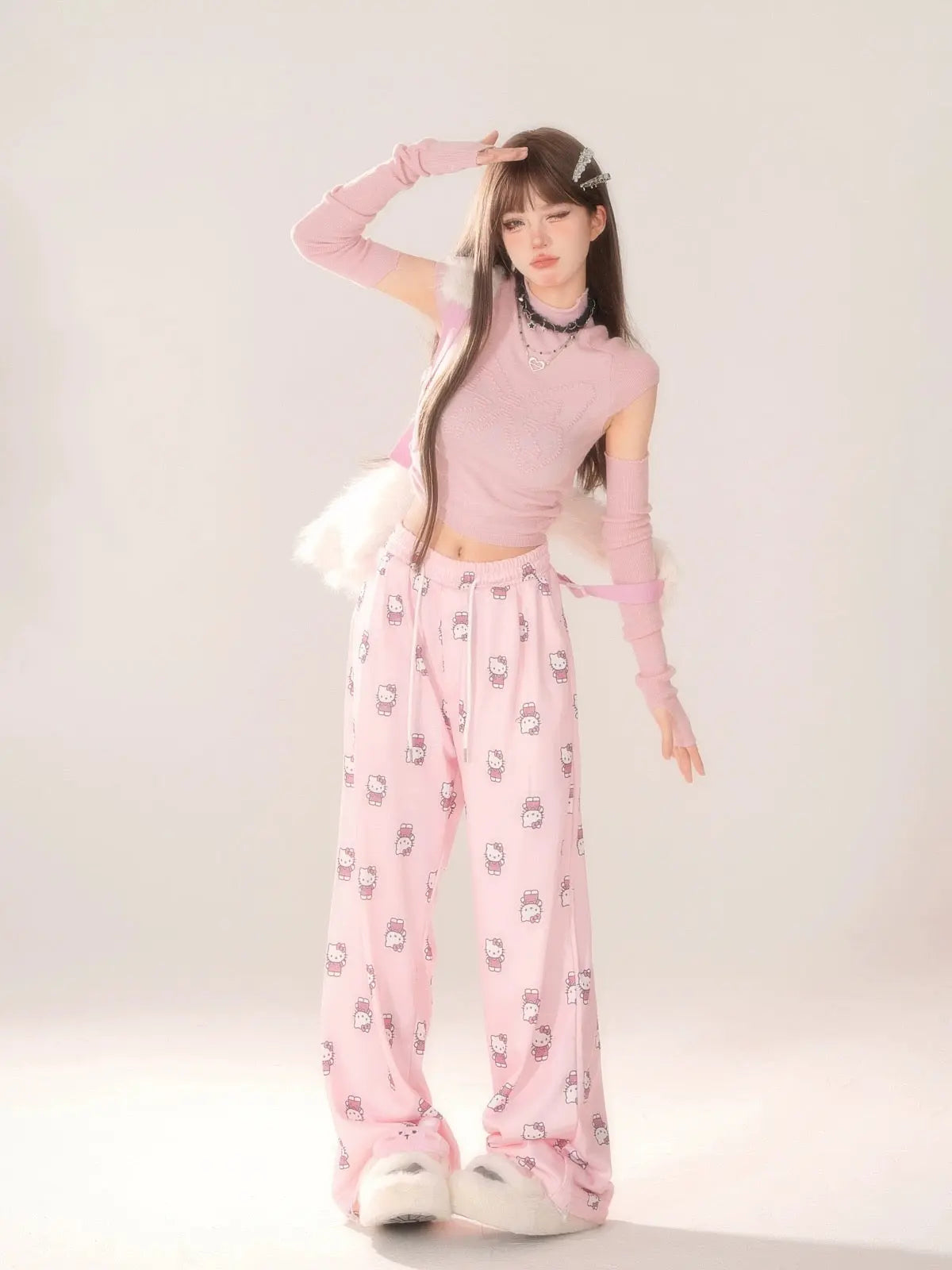 'Meowning'  Kitten Pattern Prints Drawstring Oversized Pants