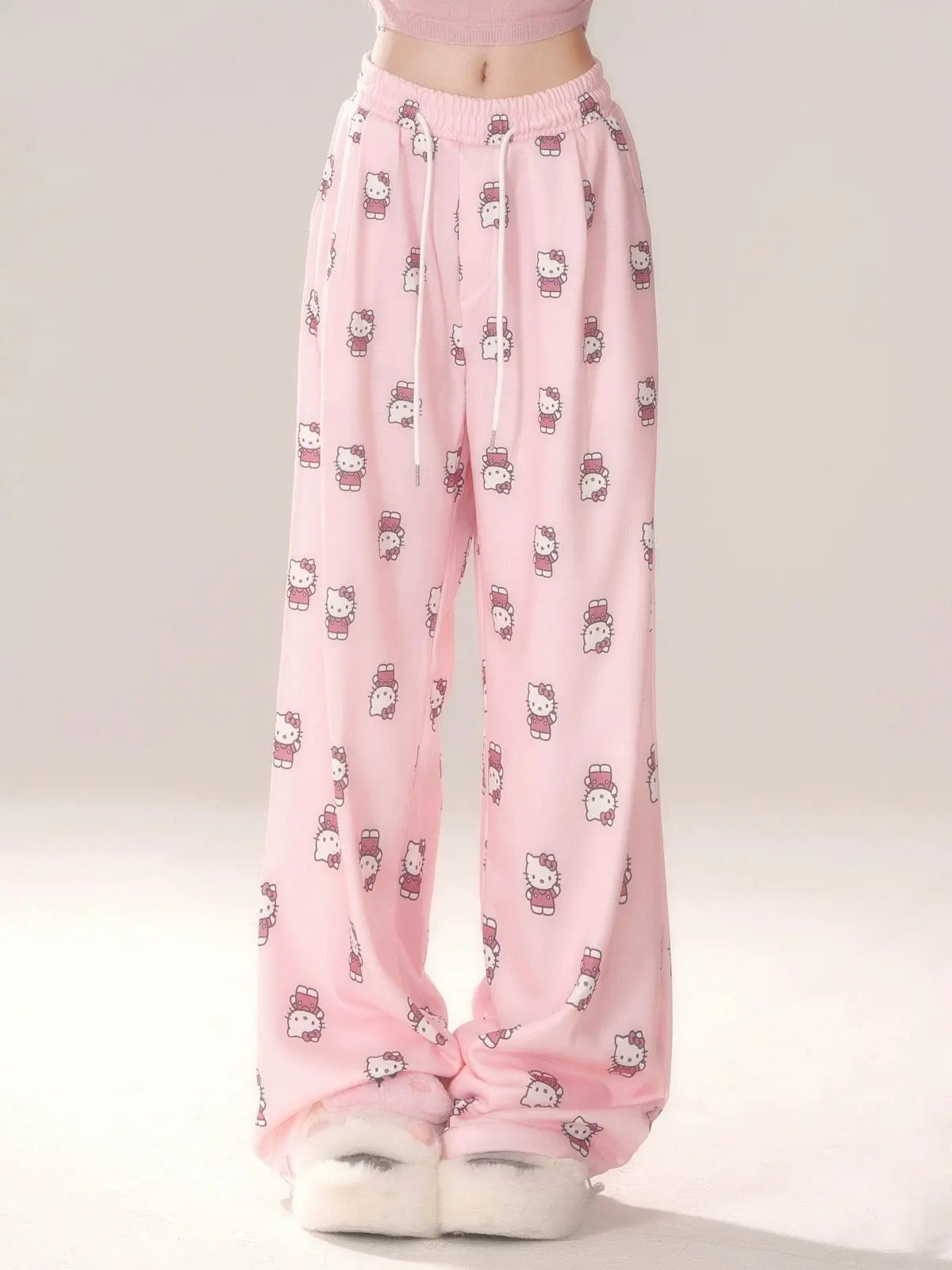 'Meowning'  Kitten Pattern Prints Drawstring Oversized Pants