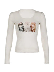 'Meoww' Lace Slimming Long-Sleeved Solid Color T-Shirt