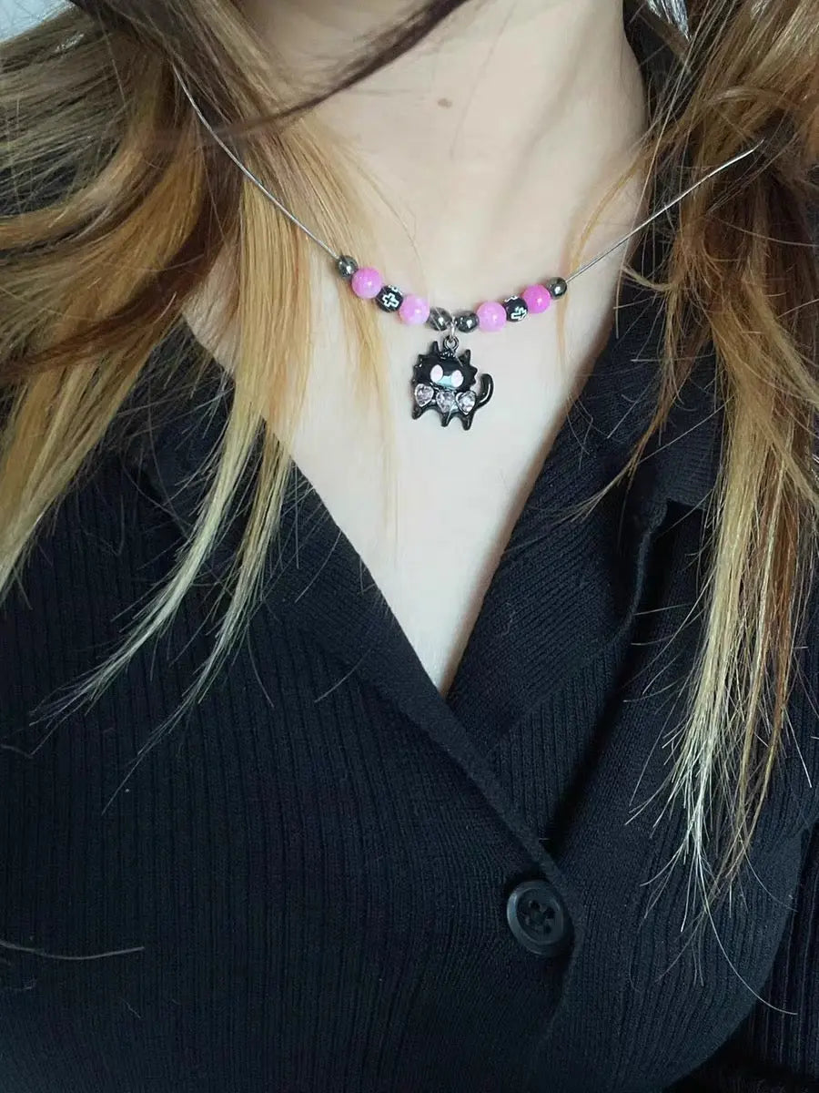 'Meowza' Kawaii Egirl Black Pink Kitten Necklace