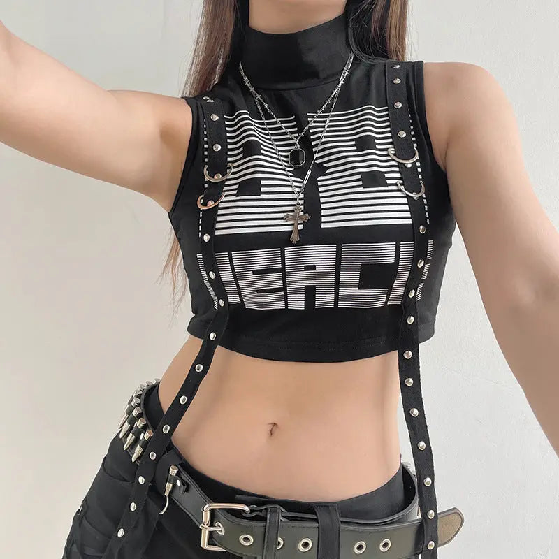 'Merci' Techwear Dark Biker Ribbon Top