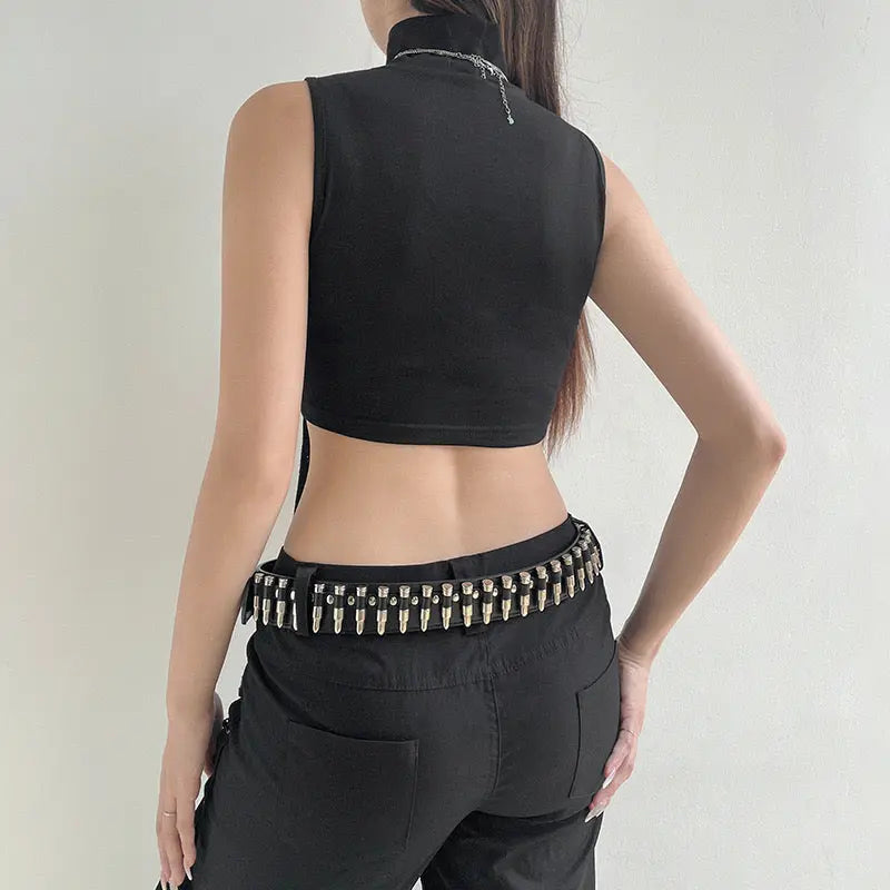 'Merci' Techwear Dark Biker Ribbon Top