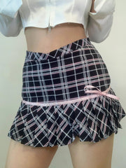 'Mimosa' Kawaii Checked Bowtie Mini Skirt