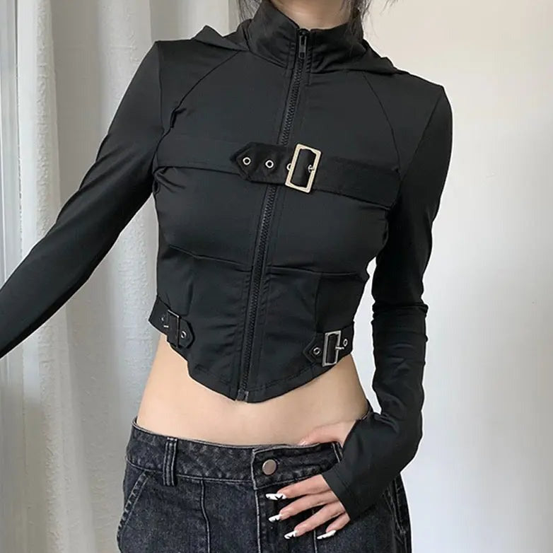 'Mission X' Tech Wear Buckle Zip Up Top