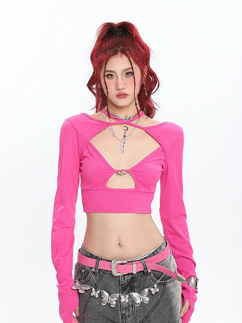 'Momo' Hot Pink Cut Out Long Sleeves Top