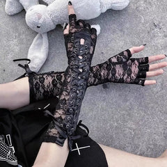 'Moonlight' Lace Strap Mesh Goth Gloves