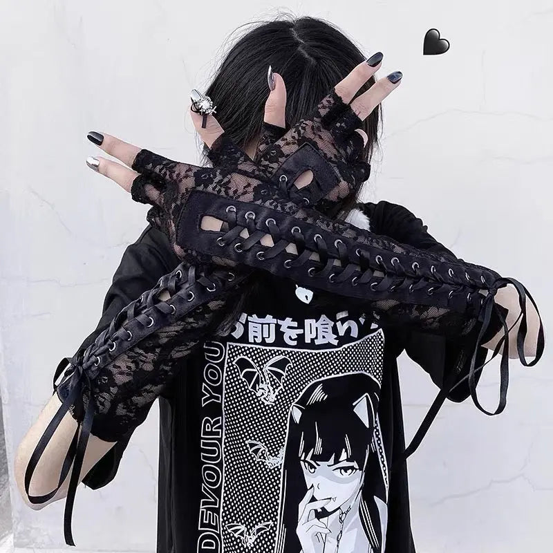 'Moonlight' Lace Strap Mesh Goth Gloves