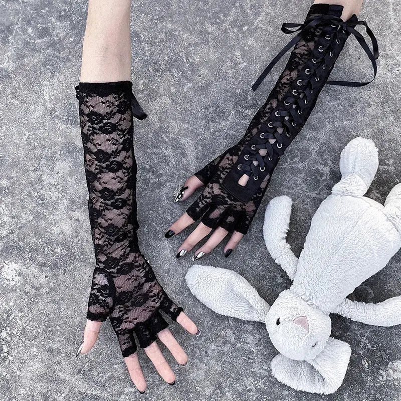 'Moonlight' Lace Strap Mesh Goth Gloves