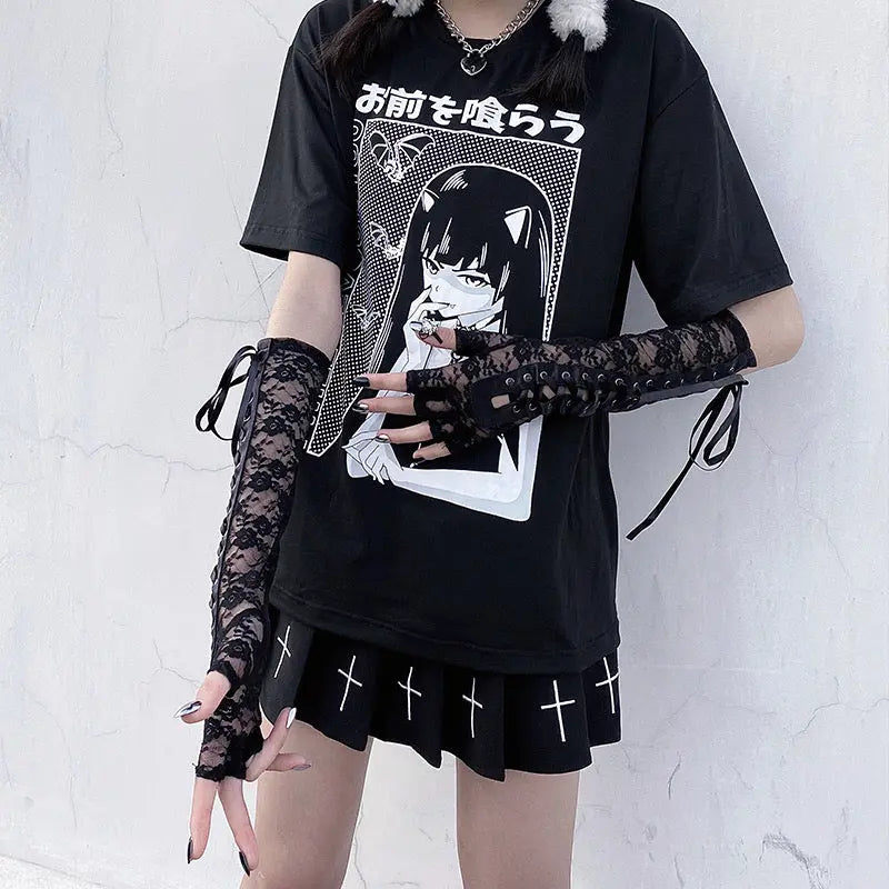 'Moonlight' Lace Strap Mesh Goth Gloves