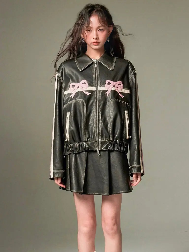 'Motor Girl' RIbbon Pattern Bike PU Coquette Leather Jacket