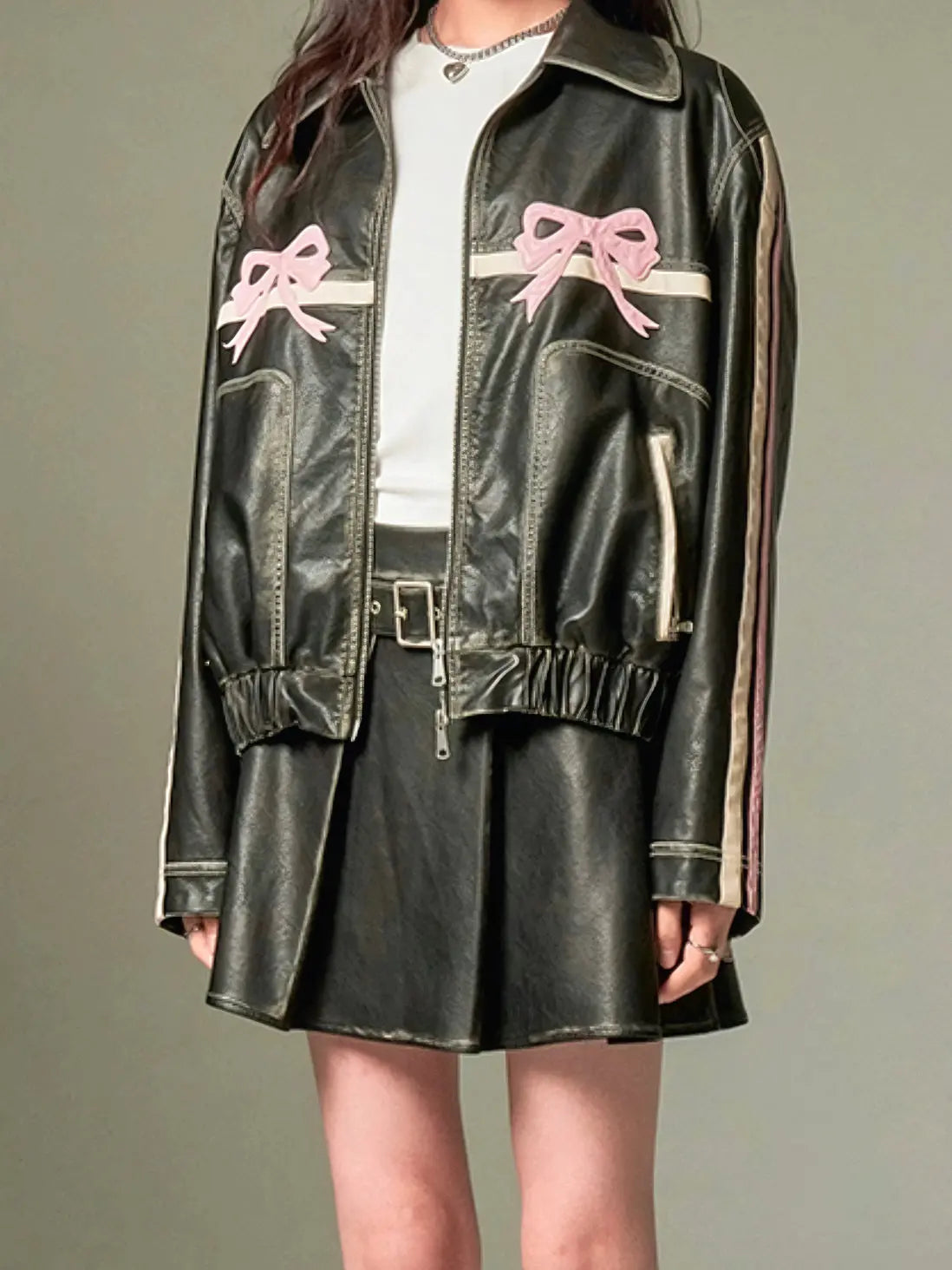 'Motor Girl' RIbbon Pattern Bike PU Coquette Leather Jacket