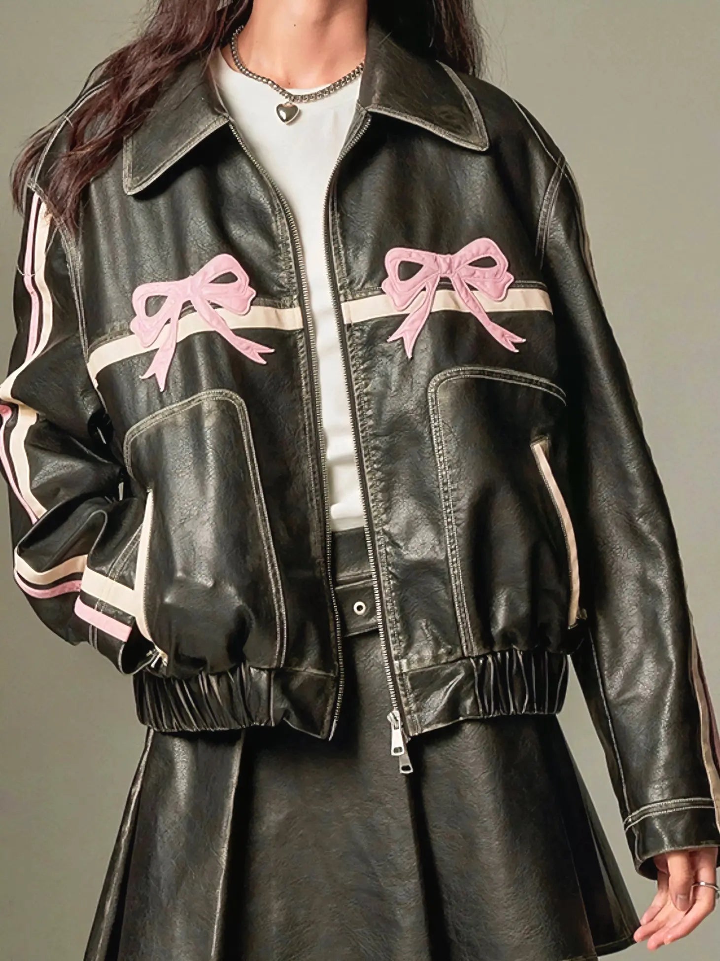 'Motor Girl' RIbbon Pattern Bike PU Coquette Leather Jacket