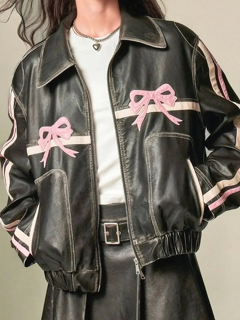 'Motor Girl' RIbbon Pattern Bike PU Coquette Leather Jacket