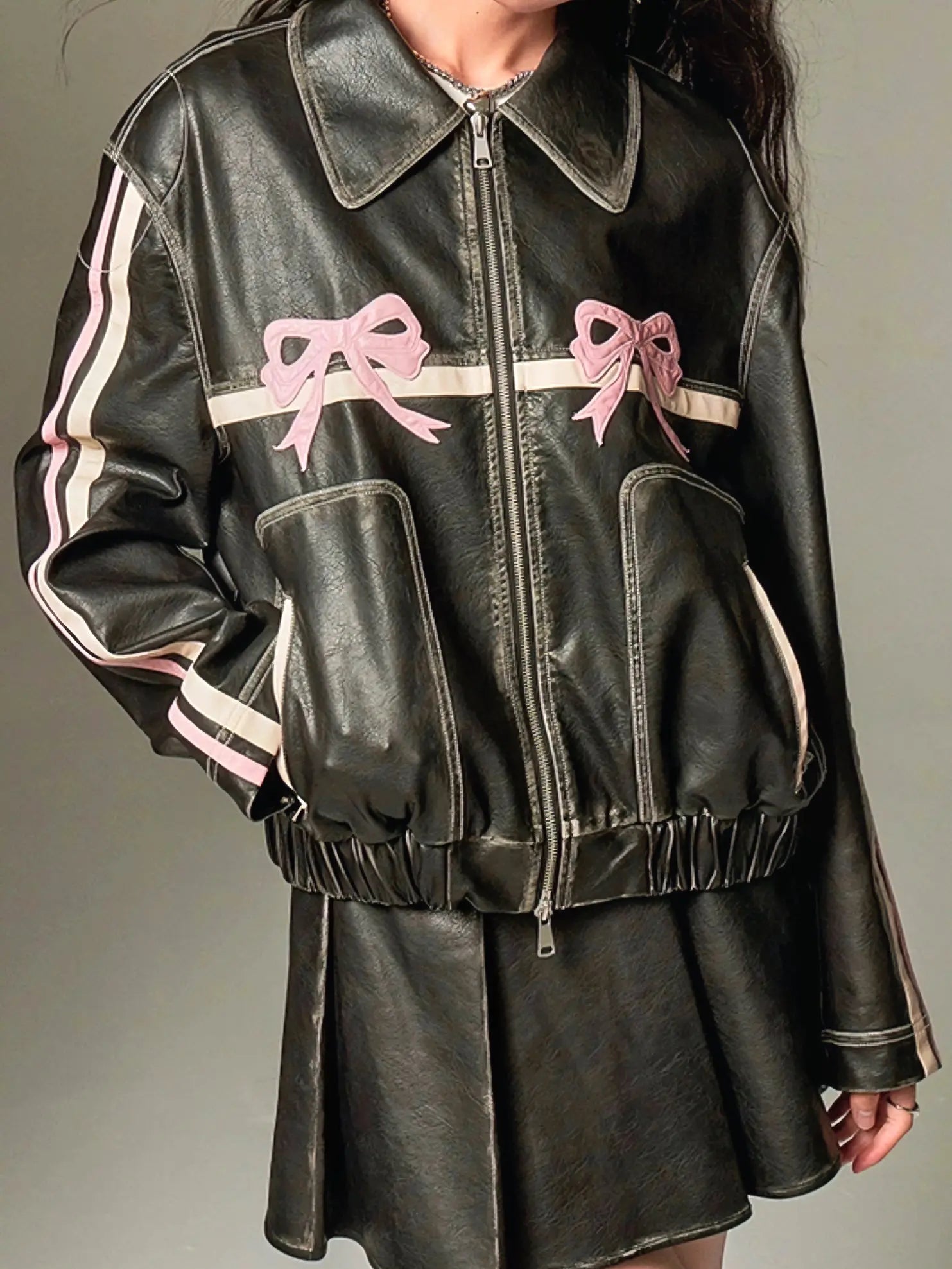 'Motor Girl' RIbbon Pattern Bike PU Coquette Leather Jacket