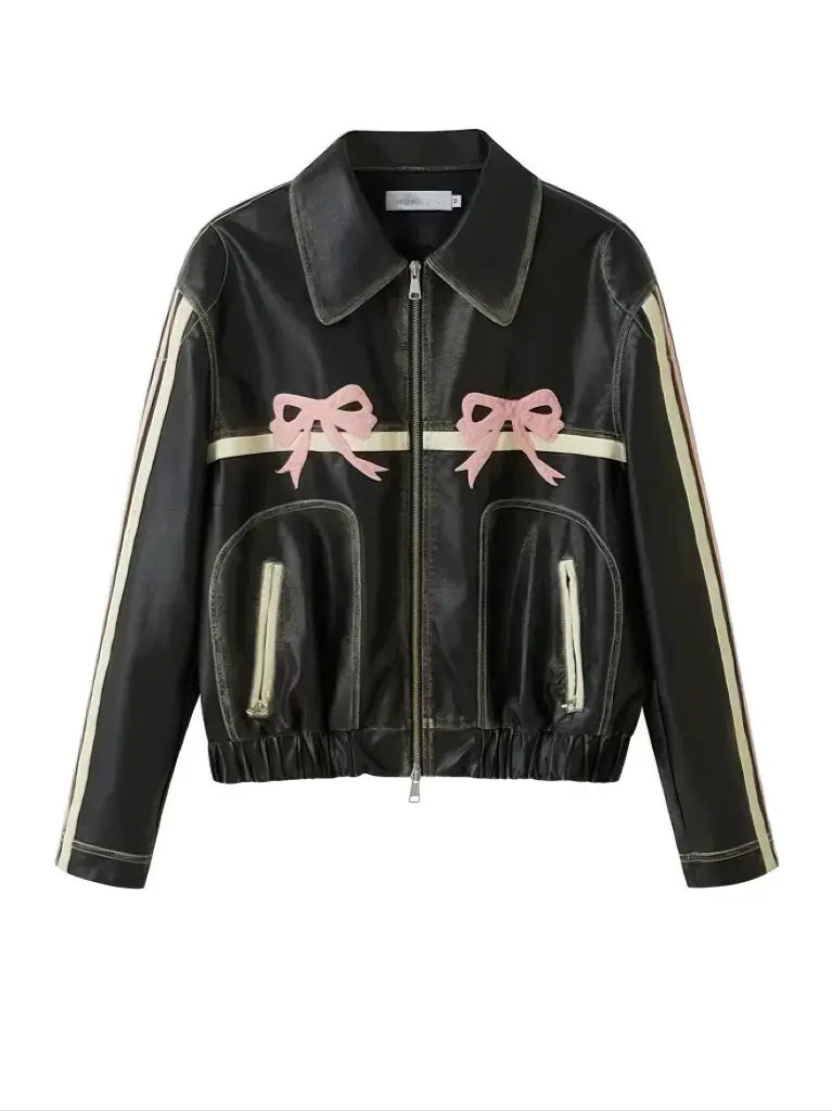 'Motor Girl' RIbbon Pattern Bike PU Coquette Leather Jacket