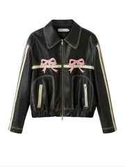 'Motor Girl' RIbbon Pattern Bike PU Coquette Leather Jacket