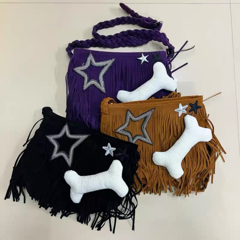 'Naughty Dog' Tassel Grunge Star & Bone Crossbody Bag