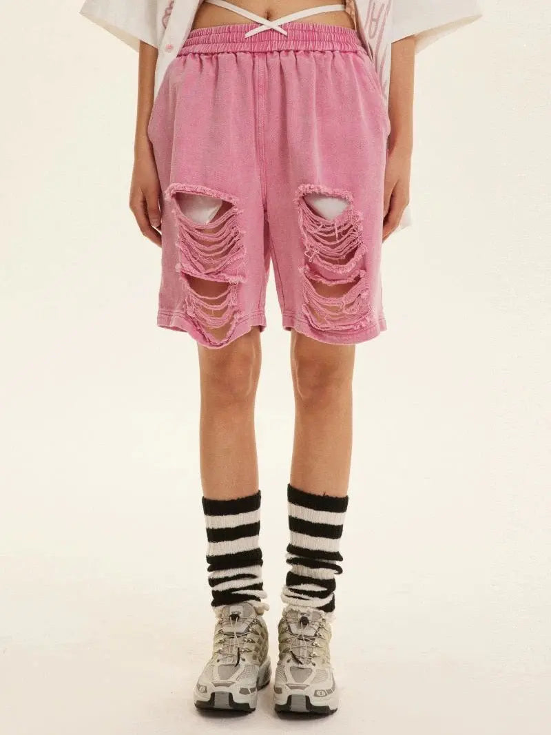 'Naughty Pink' Pastel Street Style Ripped Shorts