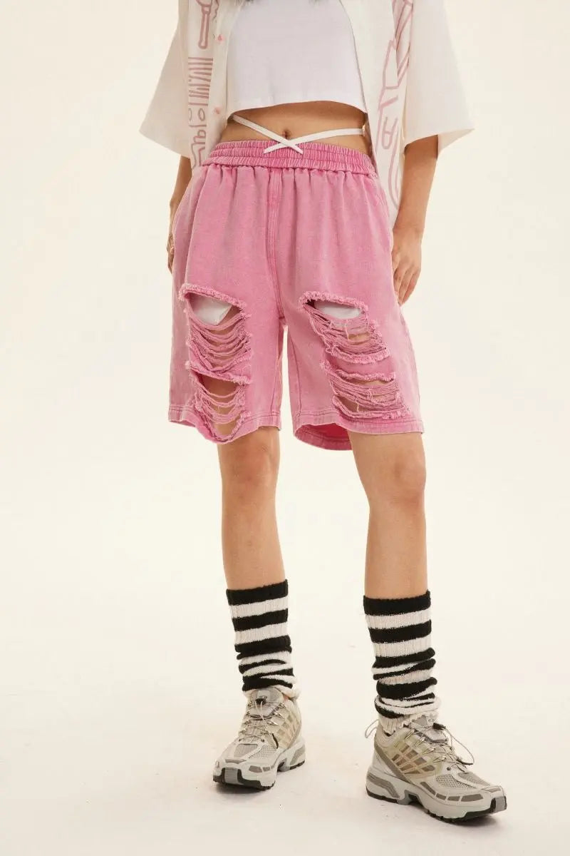 'Naughty Pink' Pastel Street Style Ripped Shorts