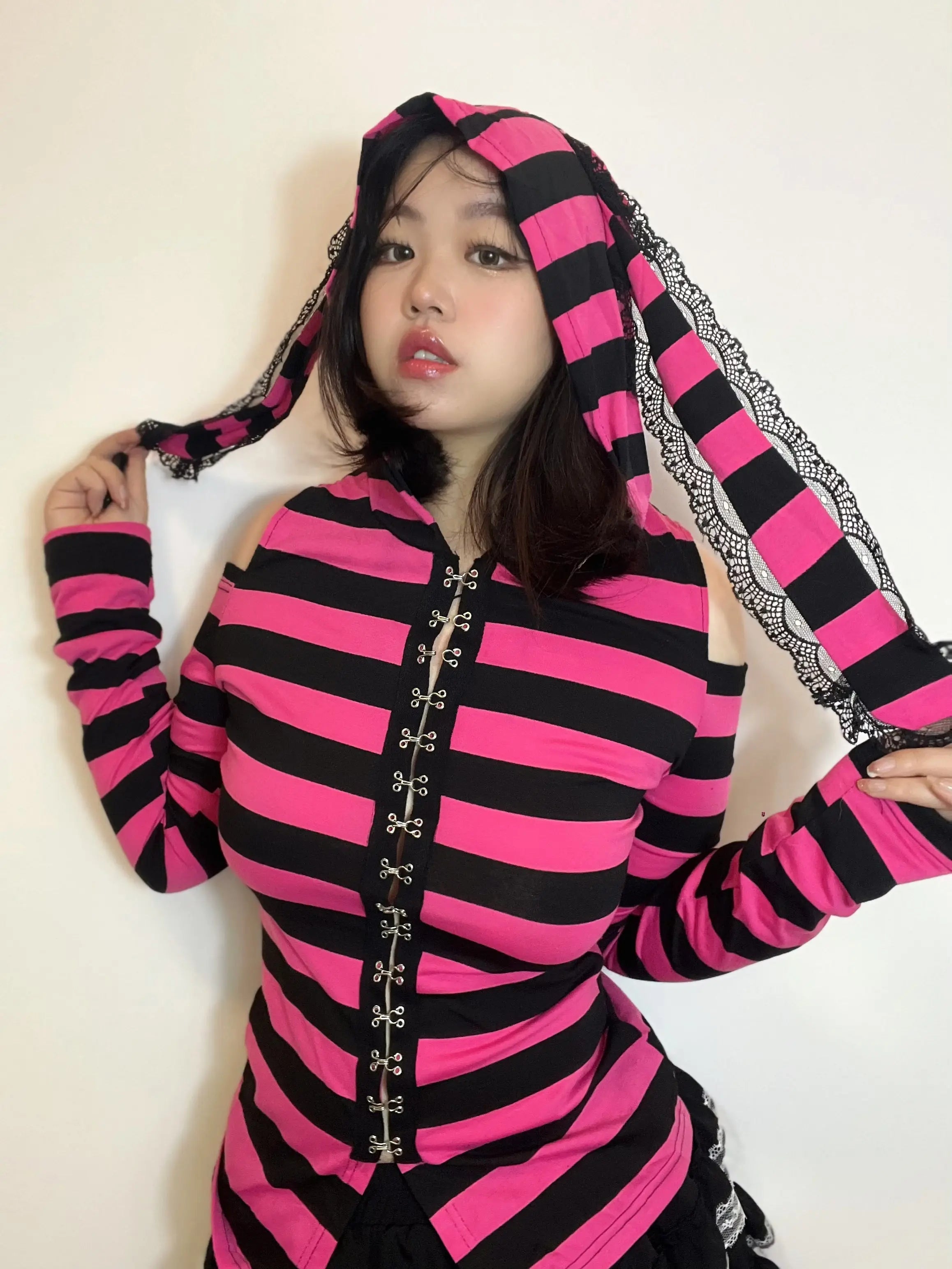 'Neon Rabbit' Kawaii Goth Pink Striped Rabbit Ear Top