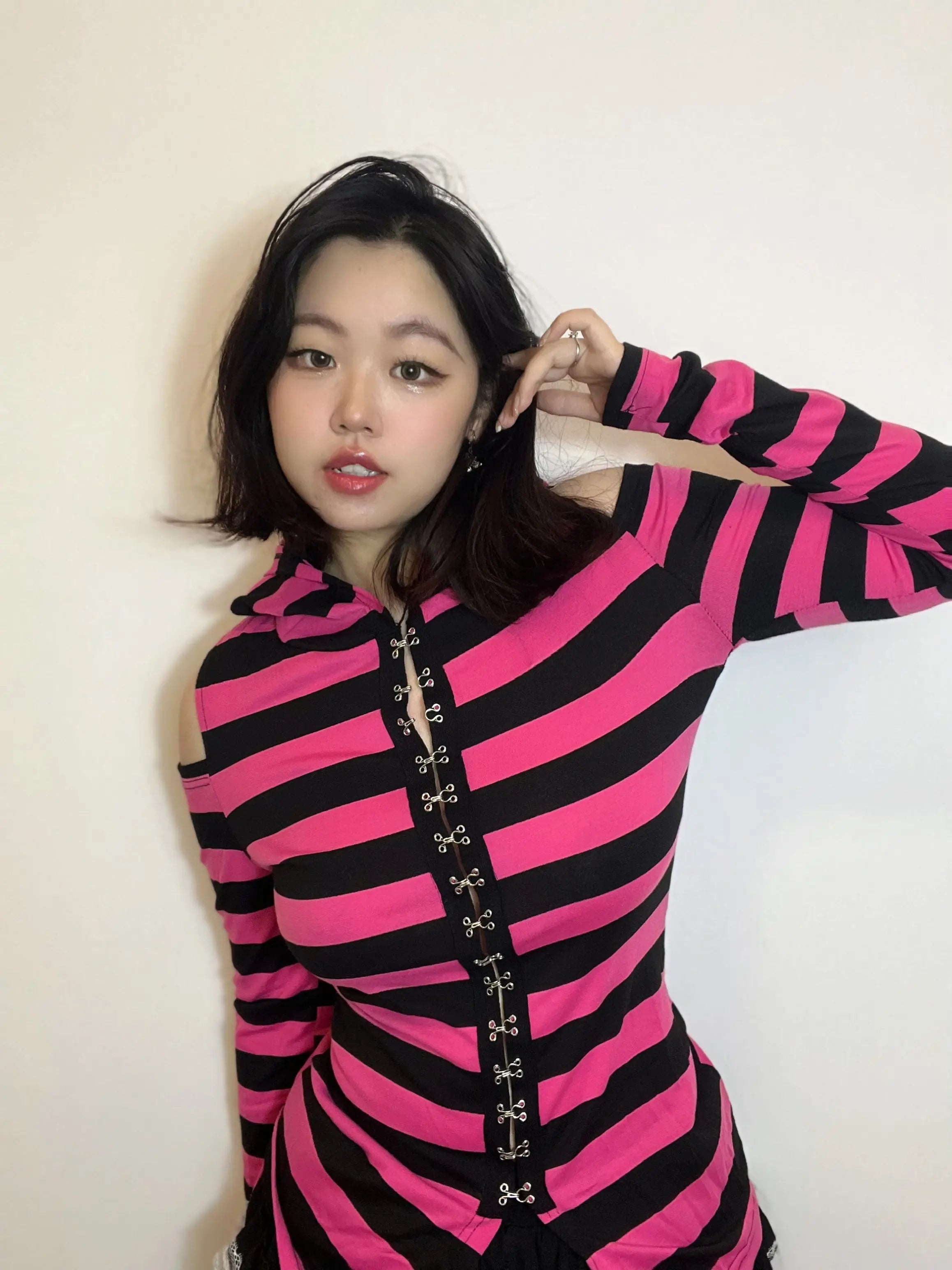 'Neon Rabbit' Kawaii Goth Pink Striped Rabbit Ear Top