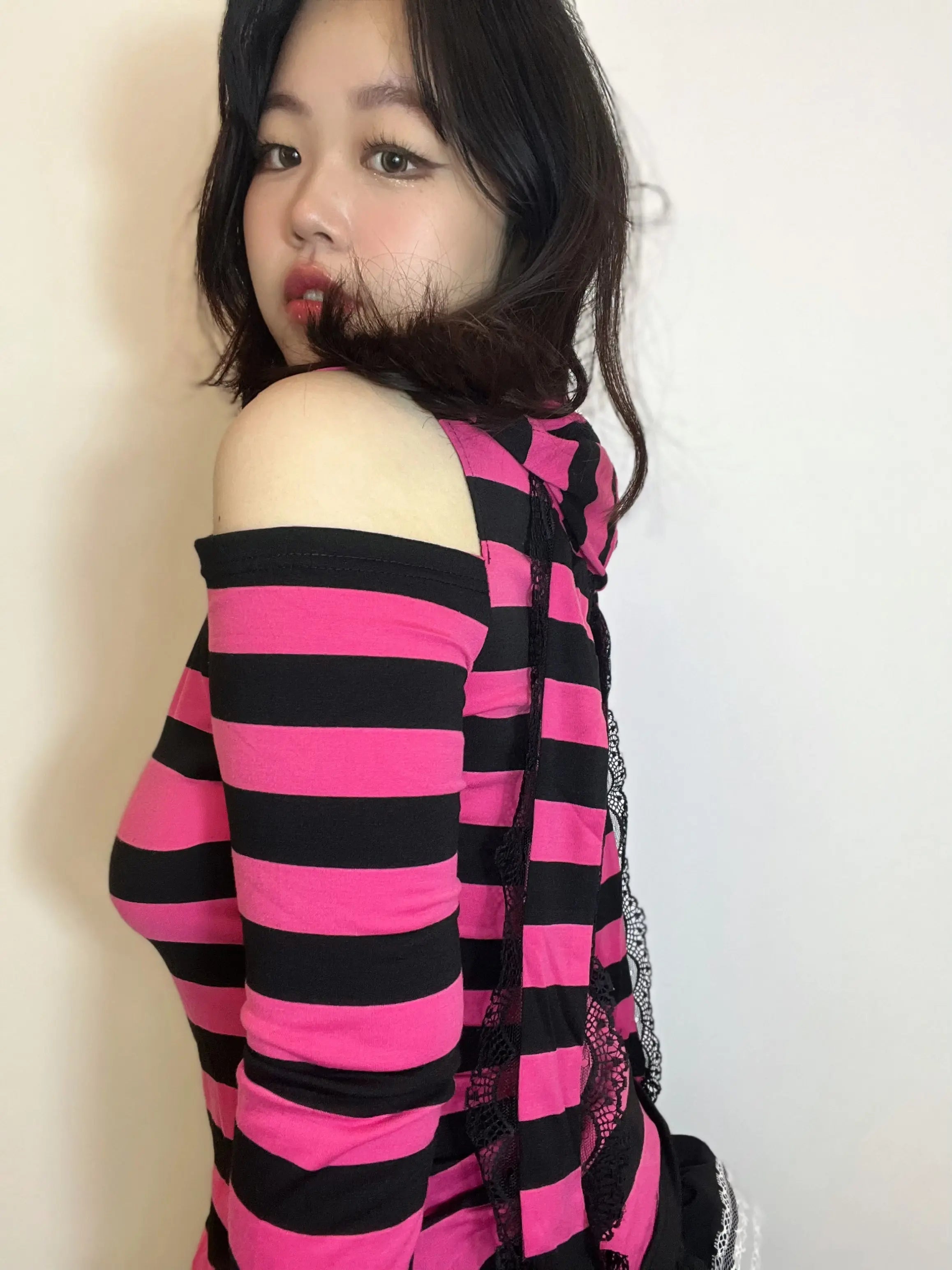 'Neon Rabbit' Kawaii Goth Pink Striped Rabbit Ear Top